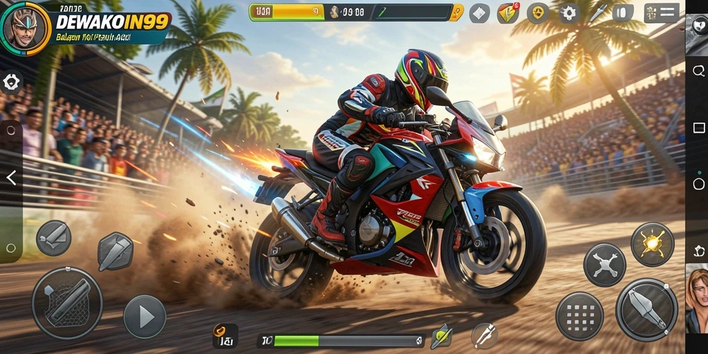 Screenshot gameplay DEWAKOIN99 menampilkan aksi balapan motor yang mendebarkan.