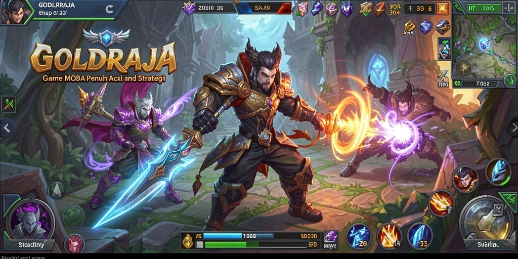 Screenshot menampilkan aksi seru dalam pertempuran MOBA di GOLDRAJA.