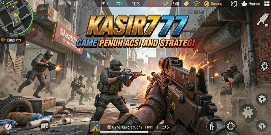Screenshot KASIR777 menampilkan pertempuran mendebarkan di medan perang FPS.