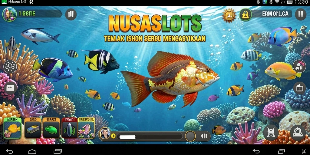 Gameplay NUSASLOTS dengan ikan berwarna-warni dan efek menembak.