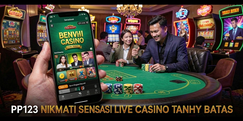 Screenshot gameplay menampilkan dealer langsung dan pemain di meja Live Casino.
