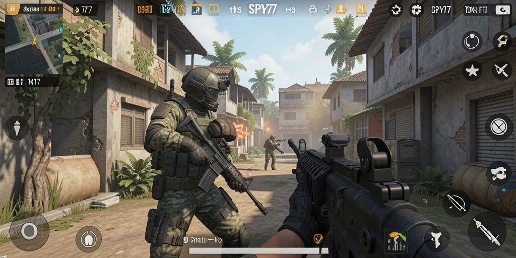 Tangkapan layar utama SPY77 menunjukkan aksi mendebarkan dalam pertempuran FPS.
