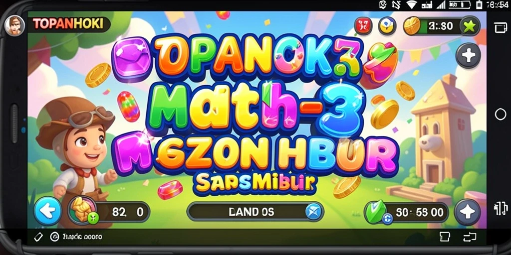 Screenshot gameplay TOPANHOKI menampilkan suasana permainan Match-3 yang cerah.