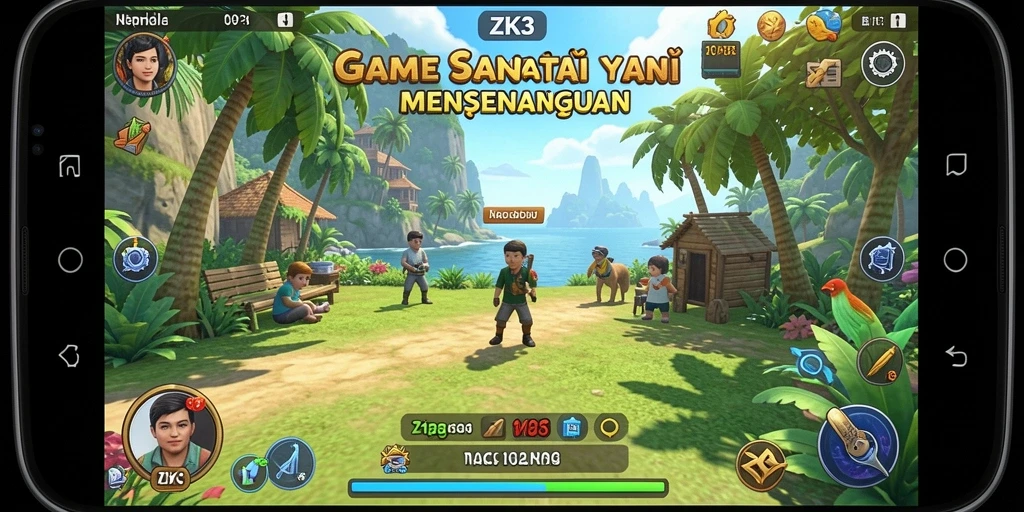 Screenshot gameplay ZK3 yang ceria dan penuh warna.